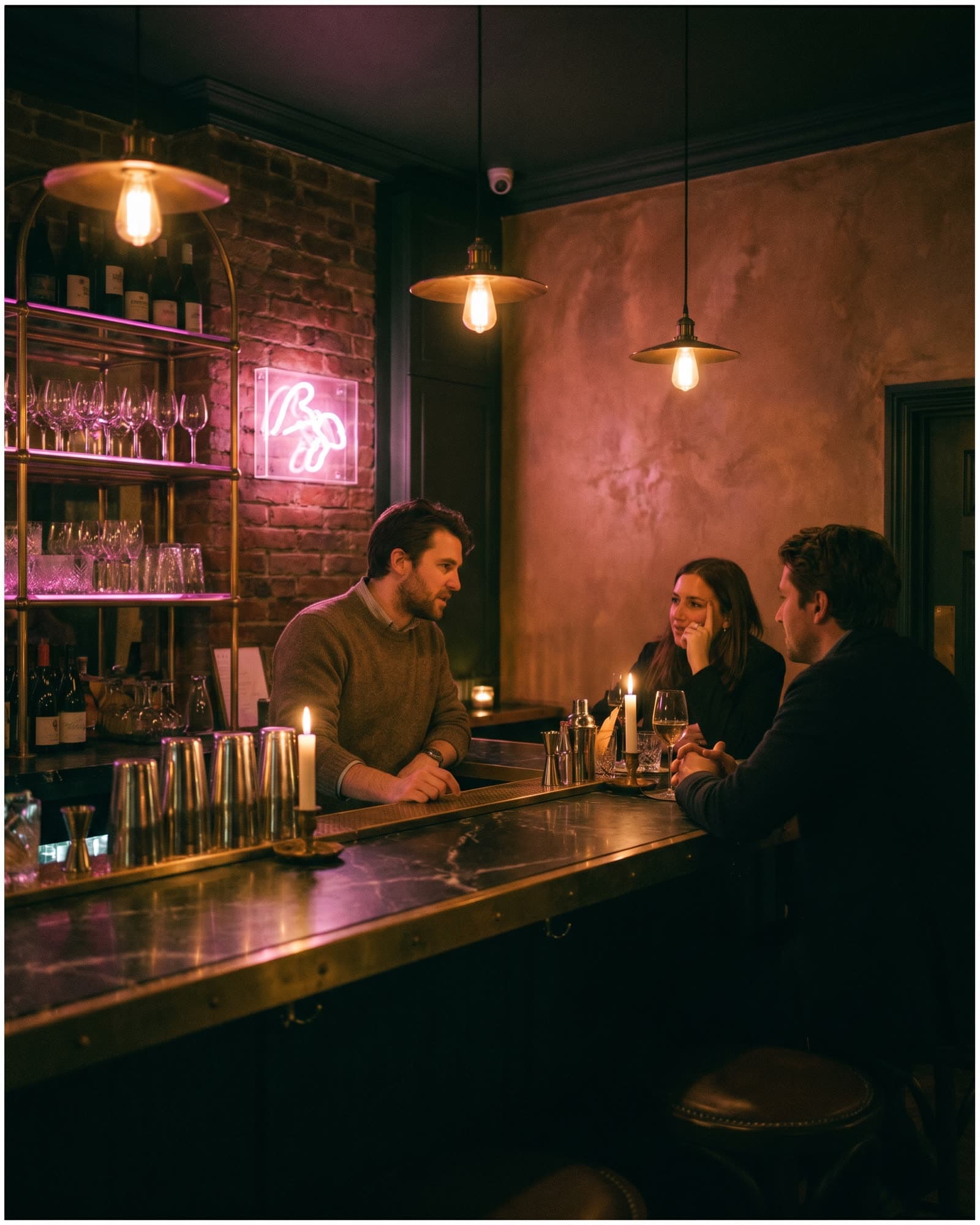 A city wine bar at night, glass and brass lit by a low magenta glow