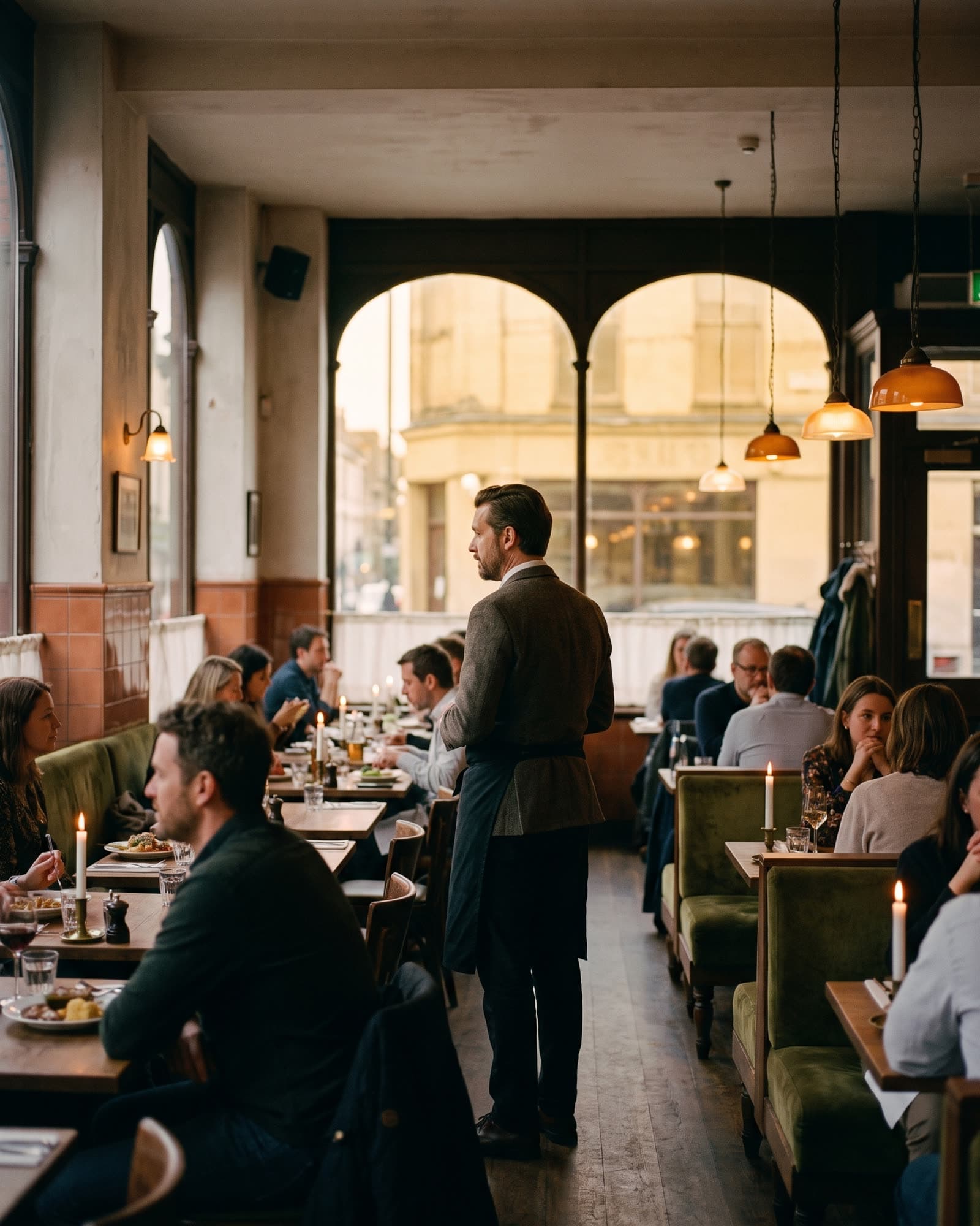 An owner at a counter reviewing the night across sites in warm evening light