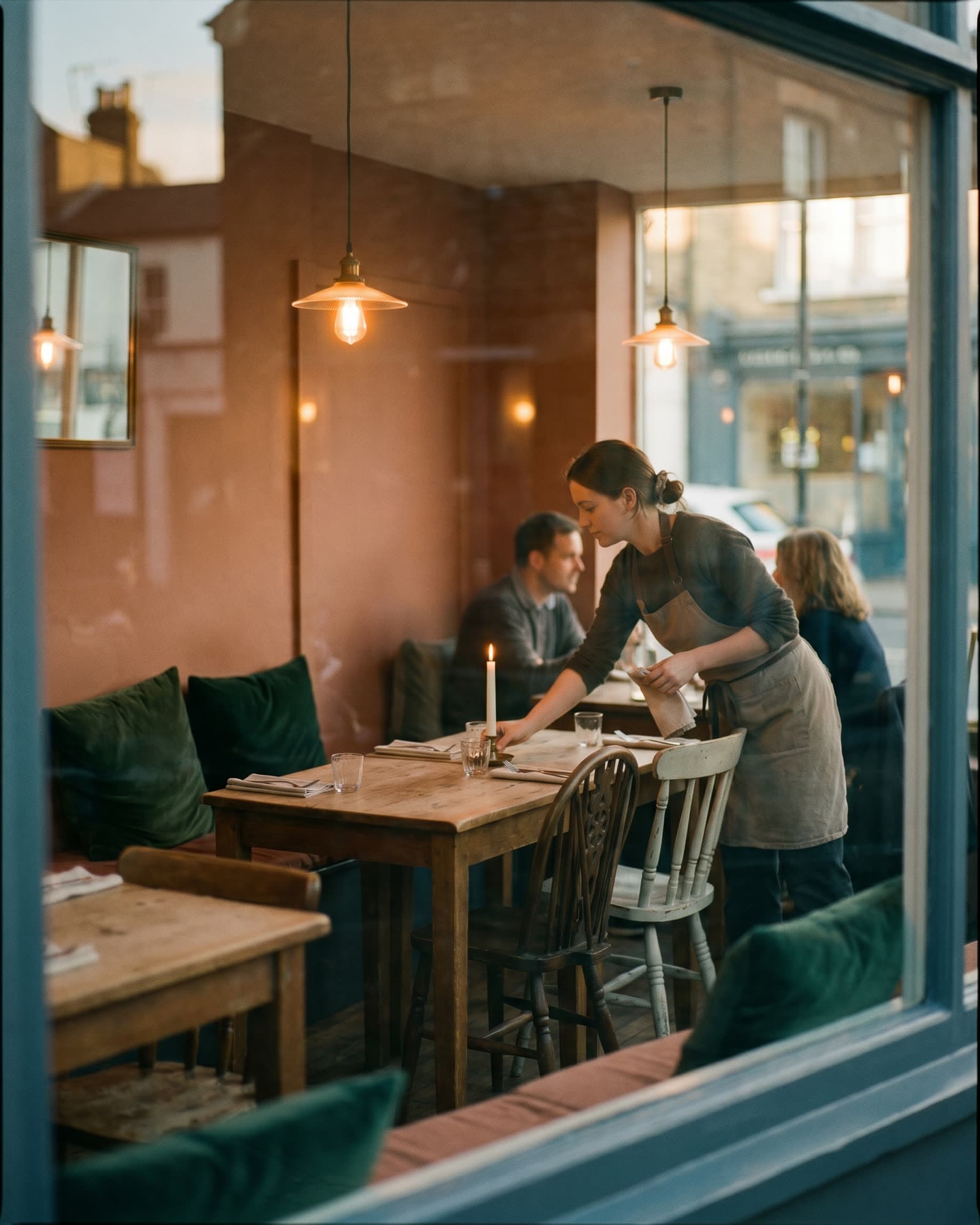 A warm neighbourhood bistro at dusk, candlelit two-tops in a full room