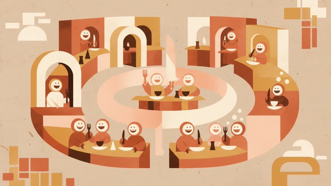 Regular guests enjoying a meal in a busy restaurant.