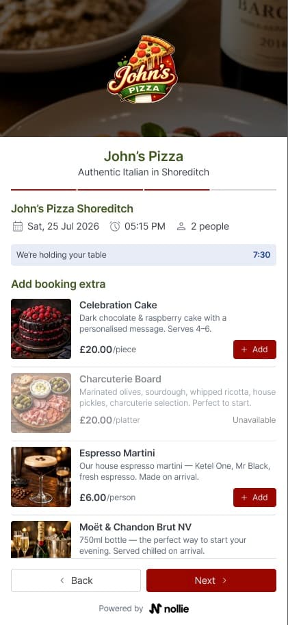 The add-booking-extras step of the hosted booking page: a celebration cake, charcuterie board, espresso martini and champagne offered at the time of booking, with prices and Add buttons.