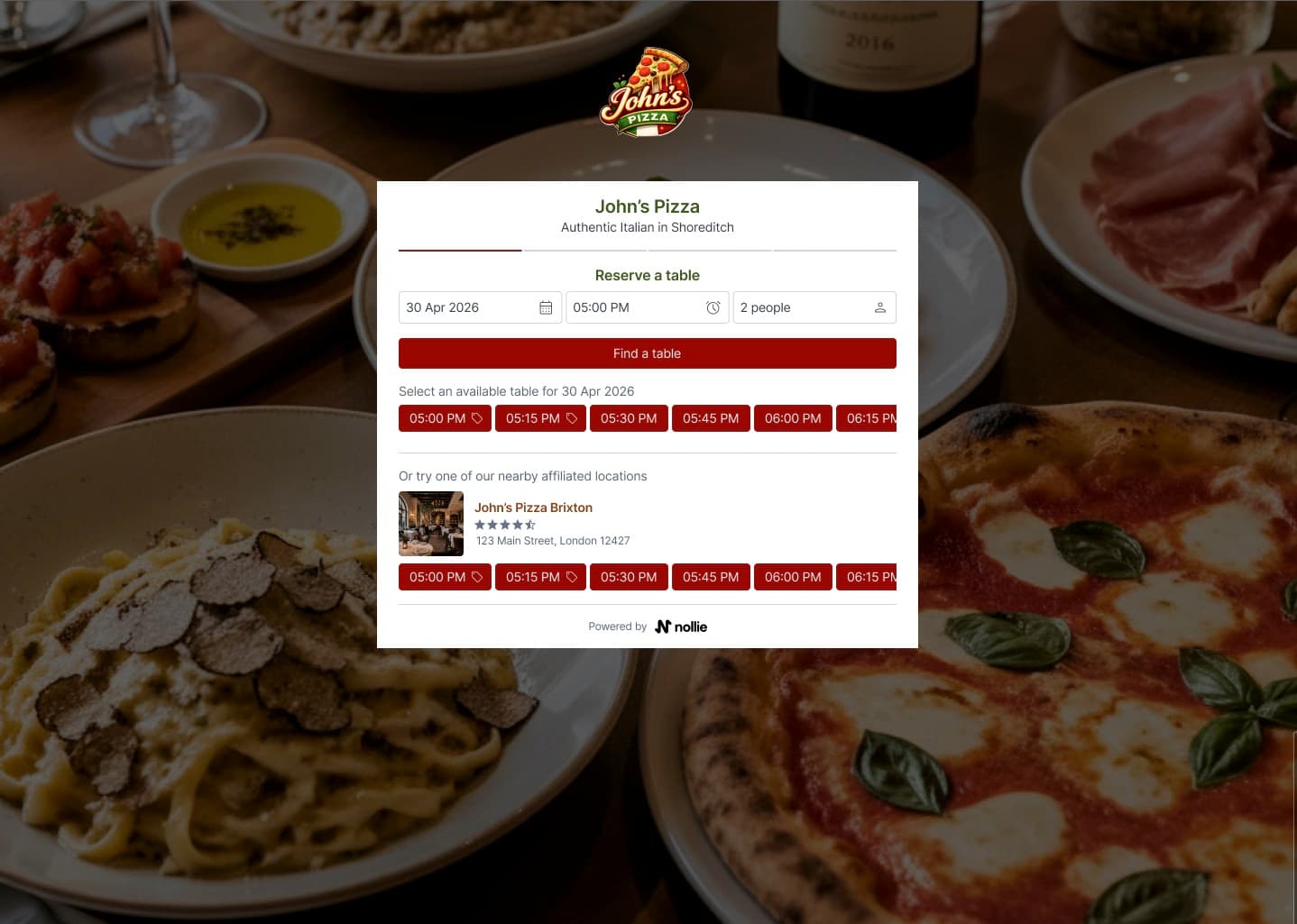 The hosted nollie booking page, shown here for John’s Pizza: date, time and party pickers, time-slot chips and nearby affiliated locations