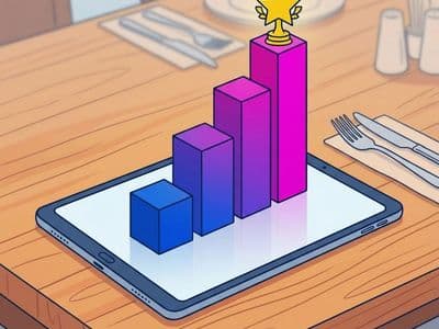 Rising bar chart showing restaurant marketing ROI growth on tablet with trophy icon - measuring automation success