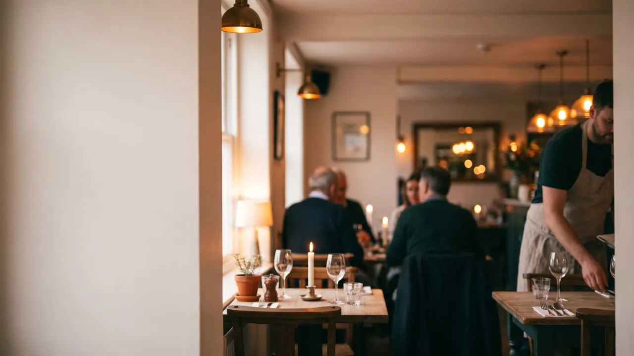 A restaurant team member setting a table in a busy dining room