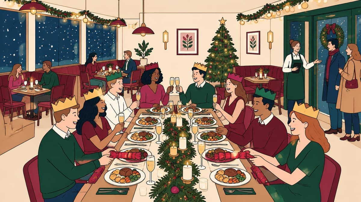 Illustration of a restaurant Christmas party: eight guests in paper crowns pull crackers at a long table while a host with a tablet greets a couple at the door