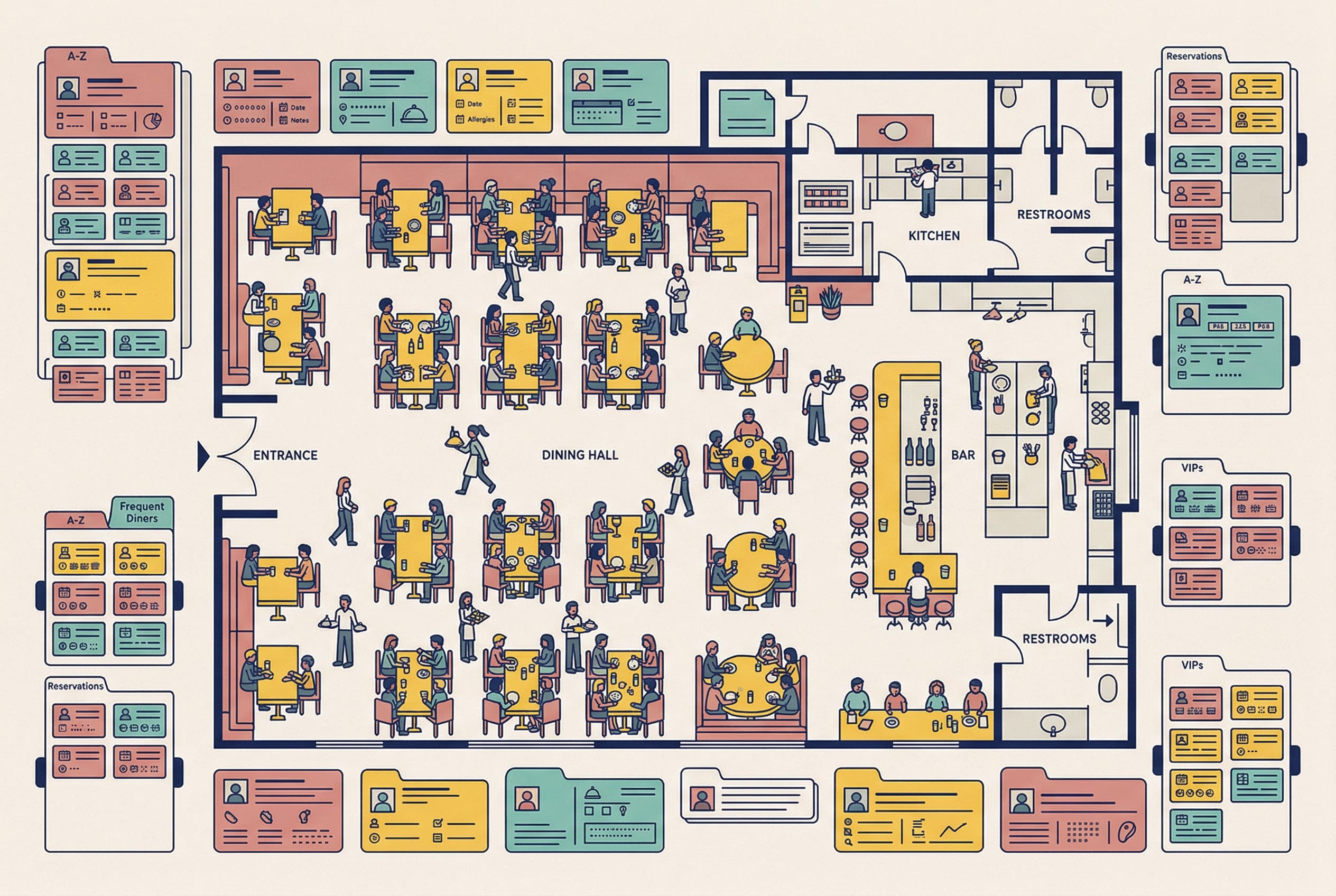 Illustration for a restaurant CRM buyer’s guide