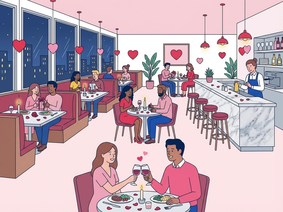 A restaurant dressed for Valentine’s Day dinner service