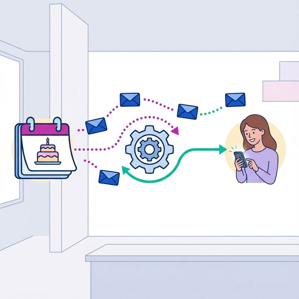 Automated birthday email workflow timeline from calendar trigger to happy customer receiving offer on phone