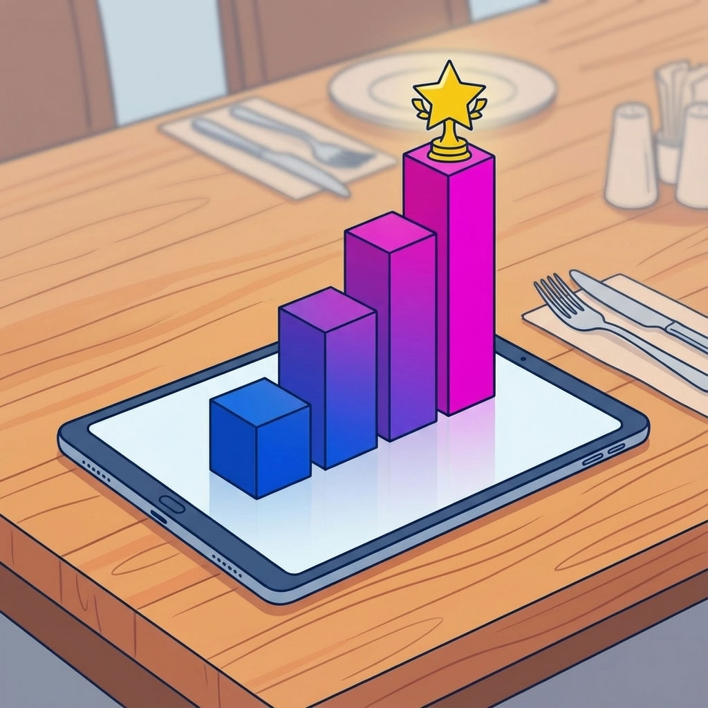 Rising bar chart showing restaurant marketing ROI growth on tablet with trophy icon - measuring automation success