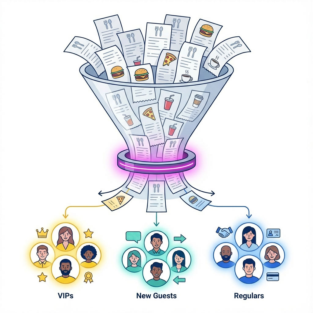 Customer data flowing through segmentation funnel into VIP, new guest, and regular diner groups - restaurant CRM segmentation